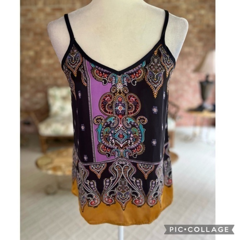 Express Camisole Black Purple Gold Tank Top S Chic Boho Festival Party